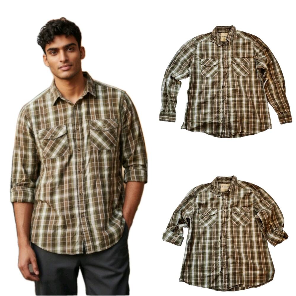 Ruff Hewn Mens Shirt Size L Olive Green Plaid Long Sleeve Button Down